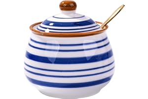 Whitenesser Sugar Bowls with Spoons, Ceramic Seasoning Container with Lid for Home and Kitchen Blue Circle Style