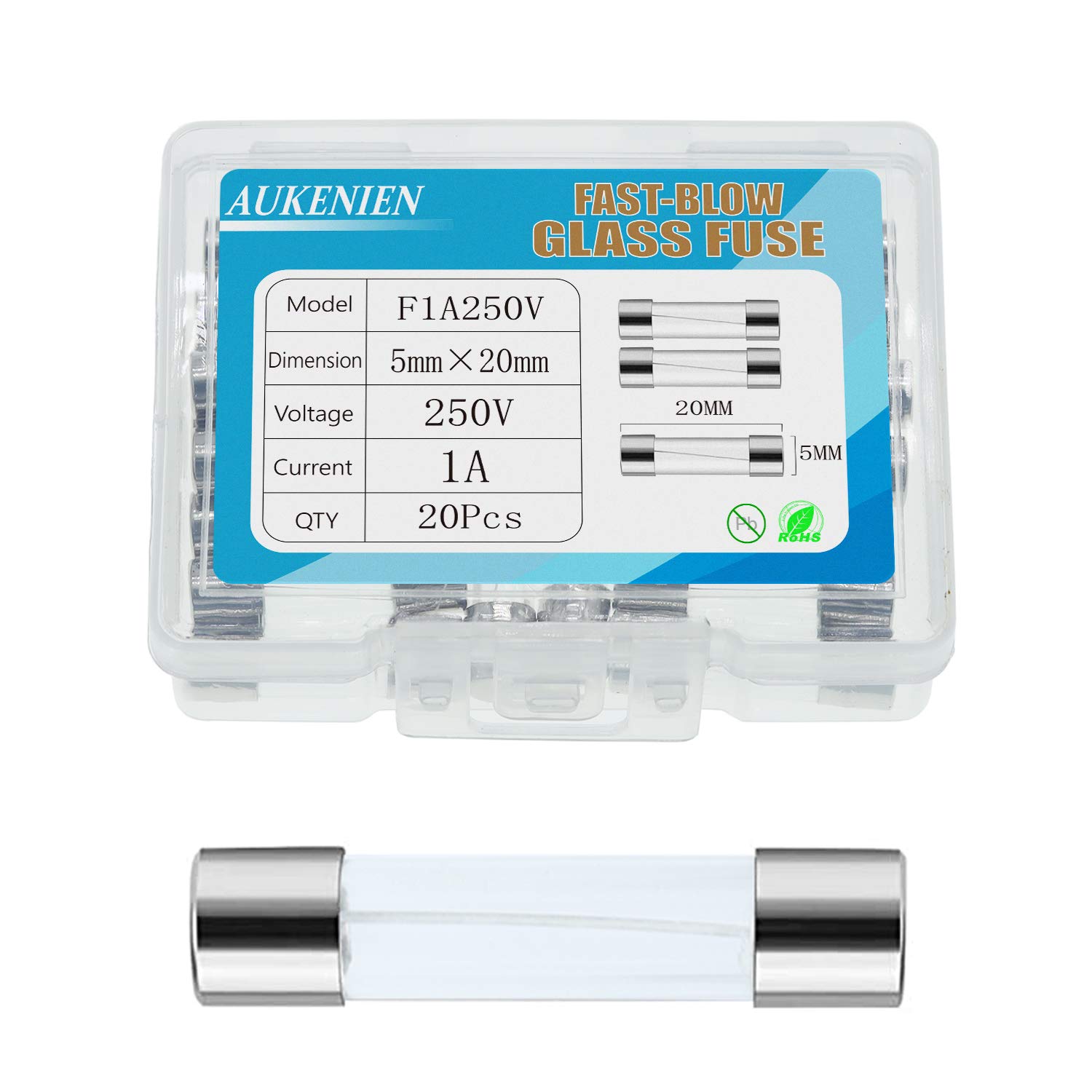 AUKENIEN 1A 250V Fast Blow Glass Fuse F1AL250V 1Amp 250 Volt Fuses 5x20 mm 0.2x0.78 inch Multiple Values Optional (Pack of 20) โ image 1