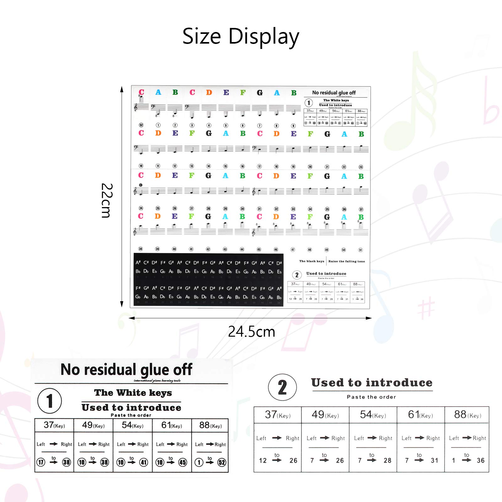 Matogle Piano Key Stickers for Beginners Piano Key Note Sticker Electronic Keyboard Stickers Clear Plastic Removable Keyboard Stickers for 37 49 54 61 88 Keys Multicolor