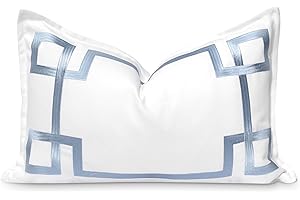 Hofdeco Premium Coastal Patio Indoor Outdoor Lumbar Pillow Cover Only, 12"x20" Water Repellent for Backyard, Couch, Baby Blue Embroidered Frame Greek Key