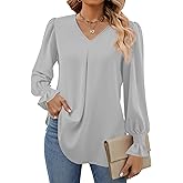 Funlingo Women's 2025 Long Sleeve Tops Dressy Casual V Neck Tunic Shirts Loose Chiffon Work Blouse