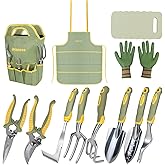 Set of 12 Garden Tool, iHansee Heavy-Duty Aluminum Gardening Hand Tools with Rubber Non-Slip Handle, Garden Apron, Gloves, Kneeling Pad and Storage Bag, Garden Hand Tools Starter Kit Landscaping Tools