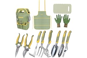 Set of 12 Garden Tool, iHansee Heavy-Duty Aluminum Gardening Hand Tools with Rubber Non-Slip Handle, Garden Apron, Gloves, Kneeling Pad and Storage Bag, Garden Hand Tools Starter Kit Landscaping Tools
