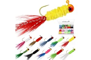 Dovesun Crappie Jigs, Jig Heads with Feather Hand-Tied Marabou Jigs Ice | Fly Fishing Lures 10 Colors 1/32oz 1/16oz 1/8oz Fishing Hair Jigs for Panfish Sunfish Walleye 20-40pcs
