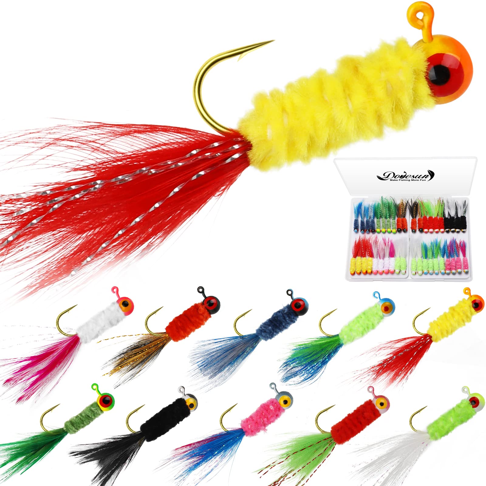 Dovesun Crappie Jigs, Jig Heads with Feather Hand-tied Marabou Jigs Ice | Fly Fishing Lures 10 Colors 1/8oz Fishing Hair Jigs for Panfish Sunfish Walleye