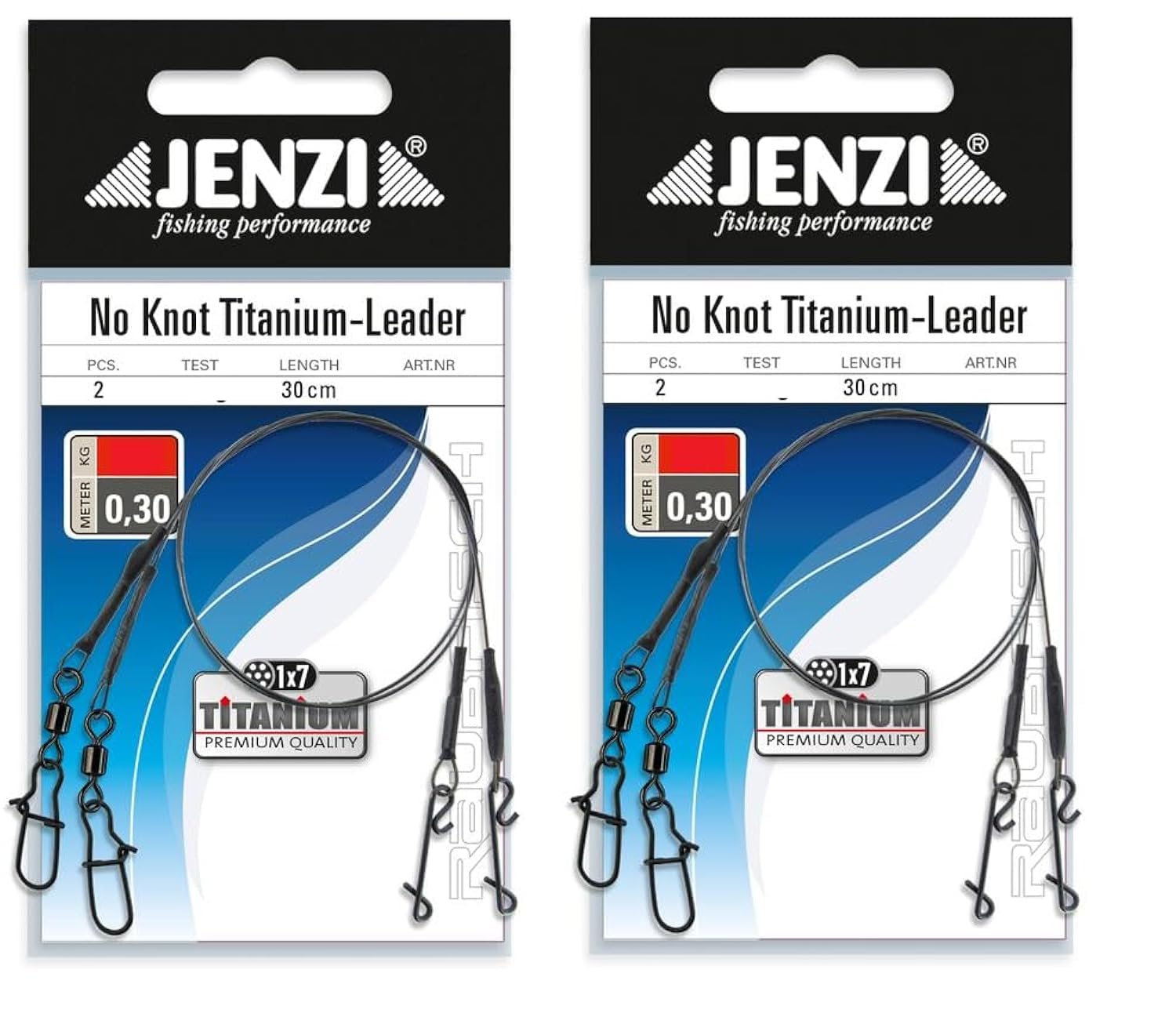 Set of 4 Titanium Leader with Swivel and Knotless Connector by Jenzi, 7, 11, & 15 kg, Length 30 cm + Petri Heil! Sticker (15 kg)