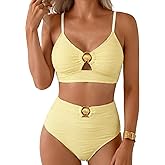 Herseas Womens 2 Piece Bikini Sets High Waisted Metal Ring Textured Swimsuit 2026 Summer Bathing Suits Beach Swimwear