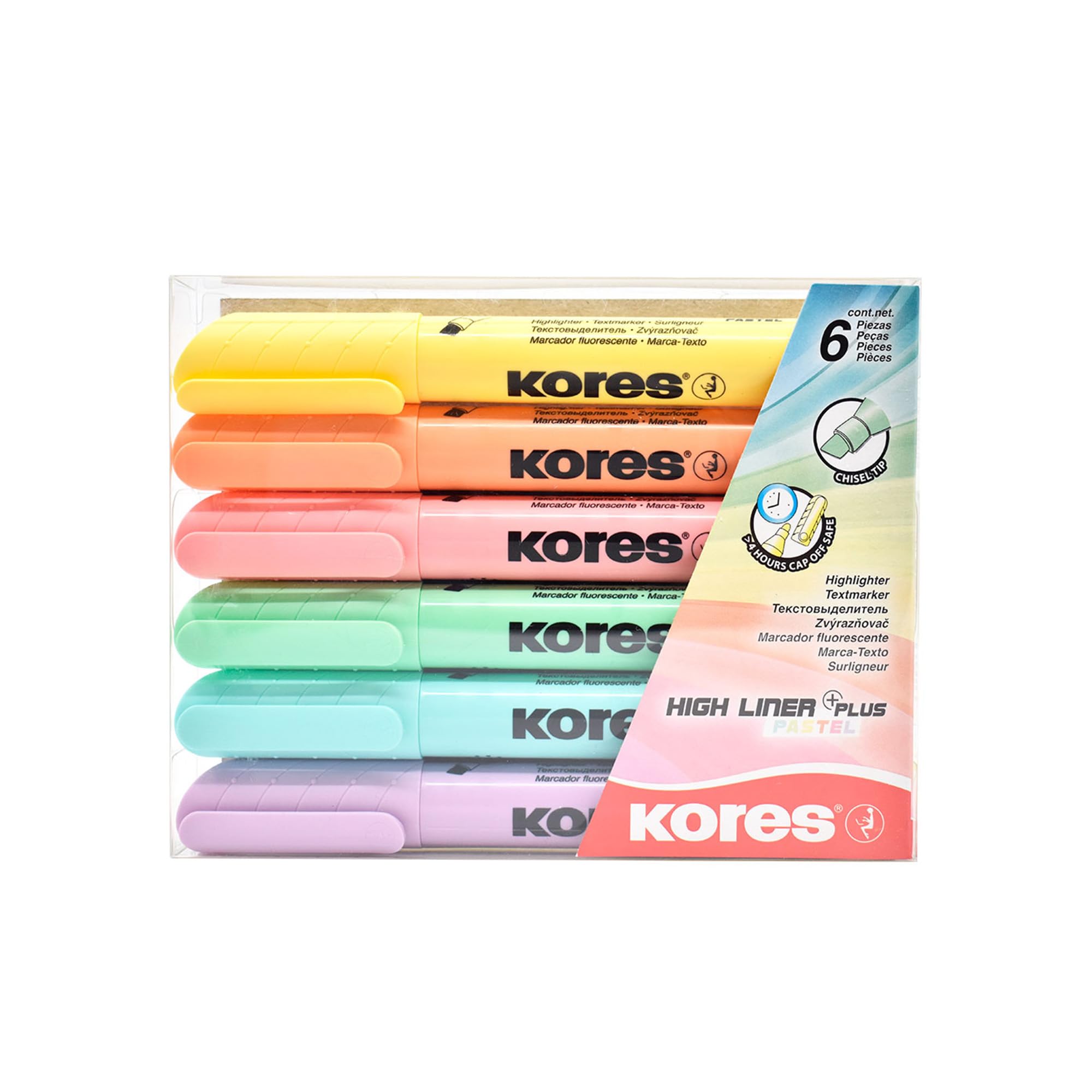 Kores - Pastel Highlighter Pens - High Liner Plus, Water Based-Ink Highlighter Pen Set with Ergonomic Shape - Stationery School Supplies, Office Supplies - Pack of 6 in Assorted Colours