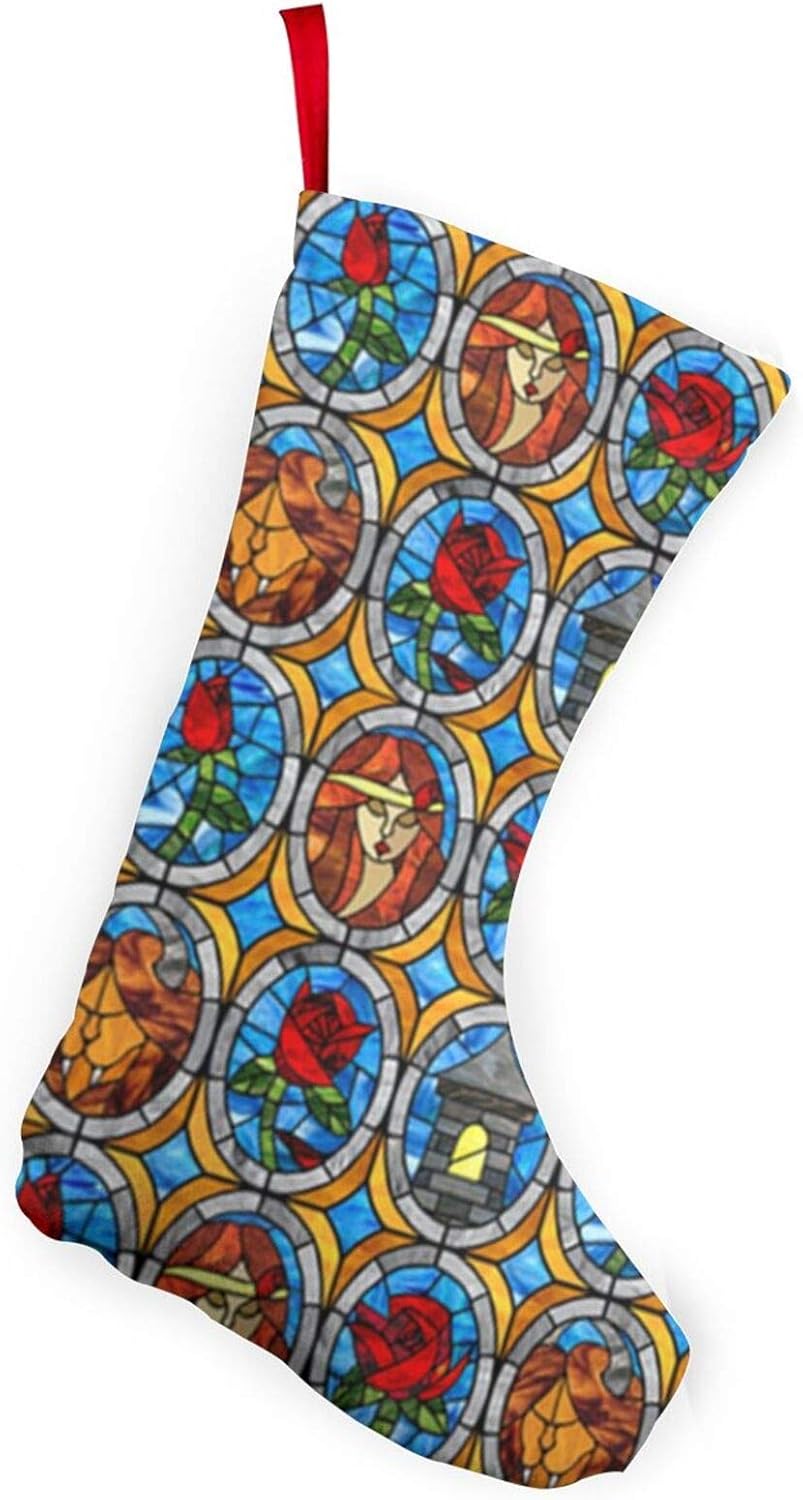 MSGUIDE Christmas Stocking 2 Pack, 10 Inch Beauty and Beast Fairytale Glass Christmas Stockings Fireplace Hanging Stockings for Family Christmas Decoration Holiday Season Xmas Party Decor