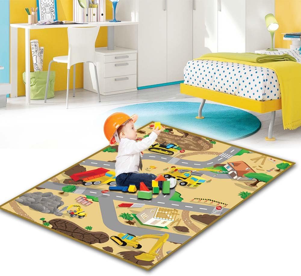 Eduk8 Construction Large Activity Mat - Truck Worker Floor Play Learning Homeschool Game, Yellow, 120 x 100 cm