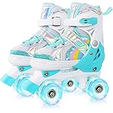 Nattork Girls Roller Skates for Kids Toddler, 4 Sizes Adjustable Rainbow Quad Skates with Light up Wheels,Best Gift for Kids Beginners