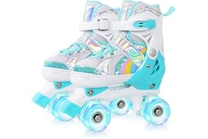 BASYNOL Nattork Girls Roller Skates for Kids Toddler, 4 Sizes Adjustable Rainbow Quad Skates with Light up Wheels,Best Gift for Kids Beginners