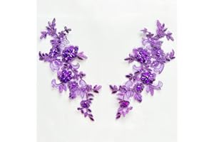 Zbroh Fine Lace Fabric Patches Embroidered Rhinestones Trim Applique Decor Dress Decoration sew on Sequins Beads Accessory one Pair (Purple 2)