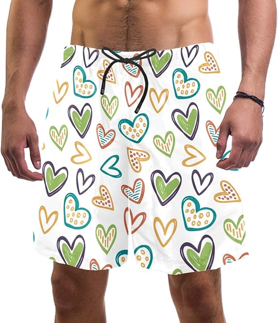 Colorful Love Hearts Pattern Swim Shorts for Men Swim Trunks Men’s Bathing Suits Swimwear with