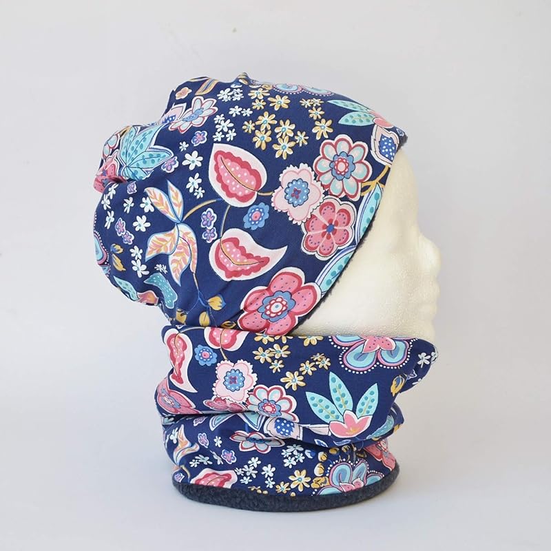 Fleece Loop Schal u Mütze SET Blumen blau pink rosa weiß Mädchen für 4-5 - 6-7 - 8 Jahre ...