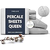 Sweave 100% Cotton Percale Sheets Queen Size - Cool & Crisp Hotel Feeling, Breathable, Softer After Each Wash, Fitted Sheets with Deep Pockets, Double-Elastic & Corner Straps, Z-Hem Luxury Stitching
