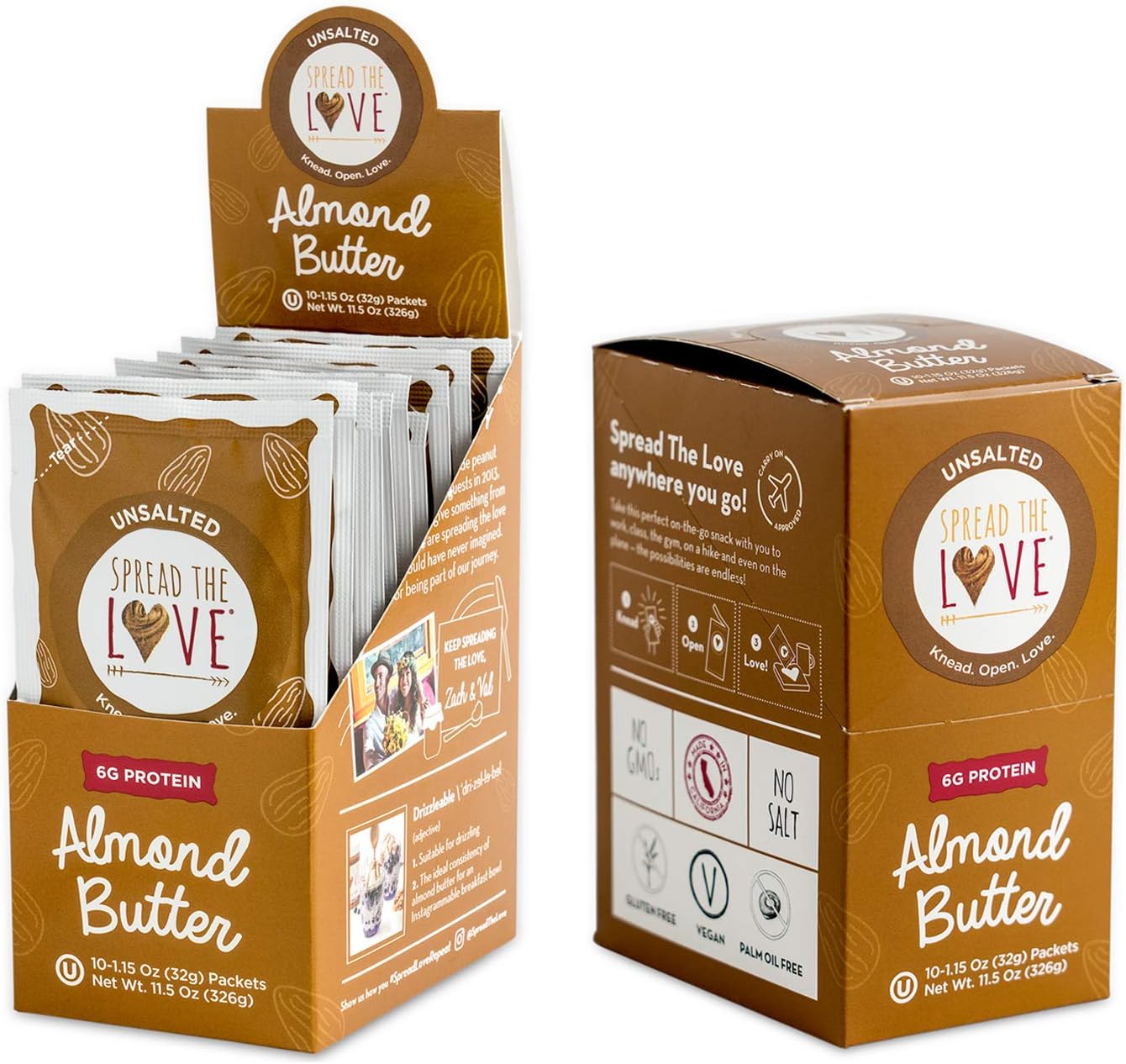 Spread The Love UNSALTED Almond Butter, 16 Ounce (All Natural, Vegan, Gluten-free, Creamy, No added salt, No added sugar, No palm fruit oil, Not pasteurized with PPO) (20-Packs of 1.15 oz)
