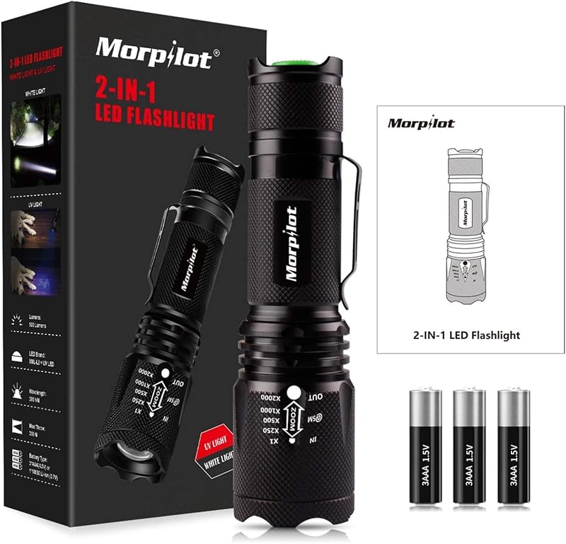 Lampe Torche 2 EN 1, Torche UV 395nm & 500LM LED Puissante, 4 Modes & Zoomable Lampe de Wood Ultraviolet, Détecteur d'Urine, 1pcs