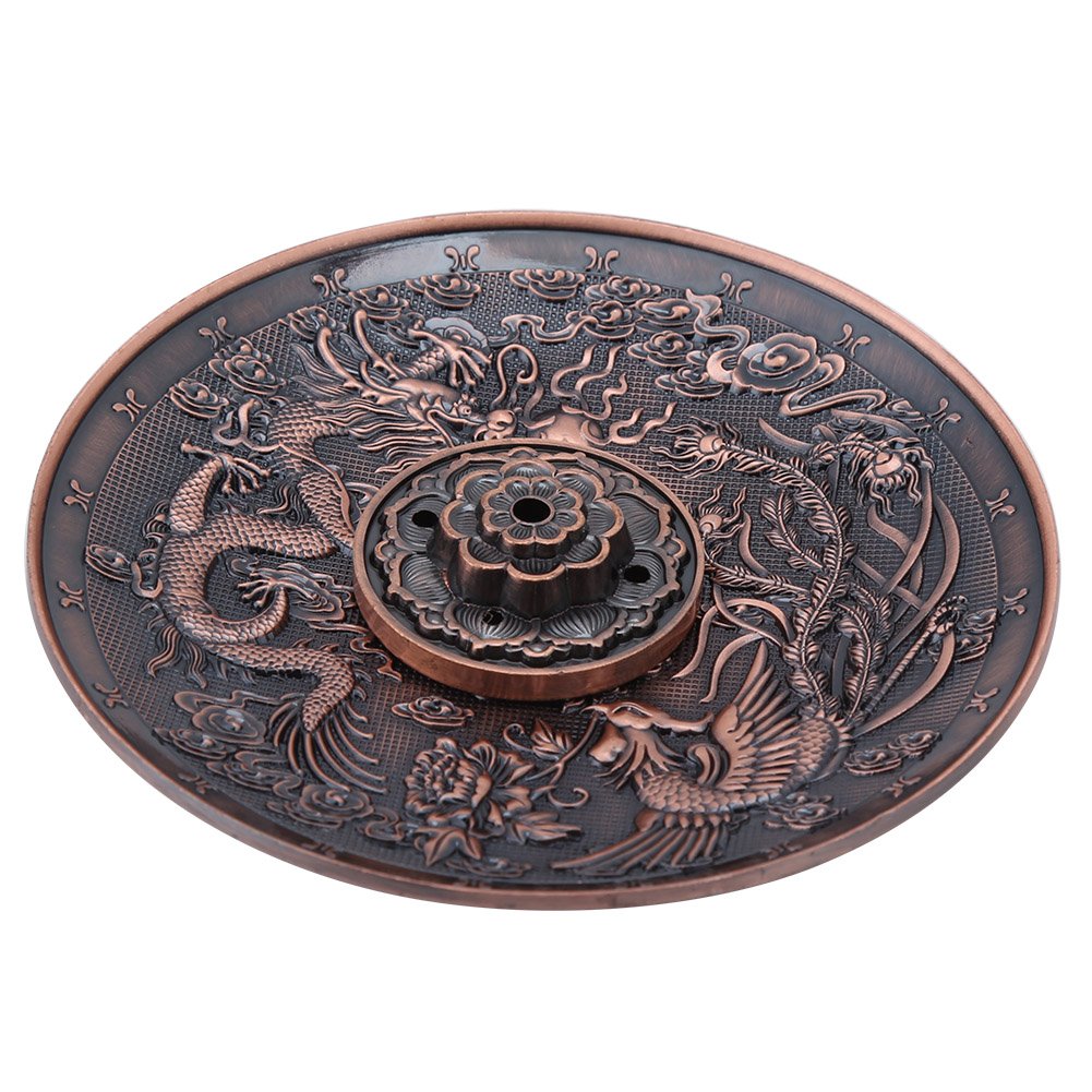 Zinc Alloy Incense Stick Burner Holder Chinese Dragon Pattern Censer Plate Buddhism Censer Incense Plate for Bedroom,Temple, Office (Red Bronze)