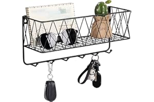 OROPY Entryway Mail Holder with Key Hooks, 14" L×4.7" W×6.5" H, Wall Mounted Matte Black Metal Wire Mesh Storage Basket with 6 Hooks, easy to Organize Letters, Magazines, Keys, Leashes for Entryway