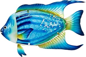 John's Studio Fish Sea Wall Decor Outdoor Metal Garden Hanging Art Glass Sculptures Home Ocean Theme Decorations for Kitchen Bathroom and Pool - Blue