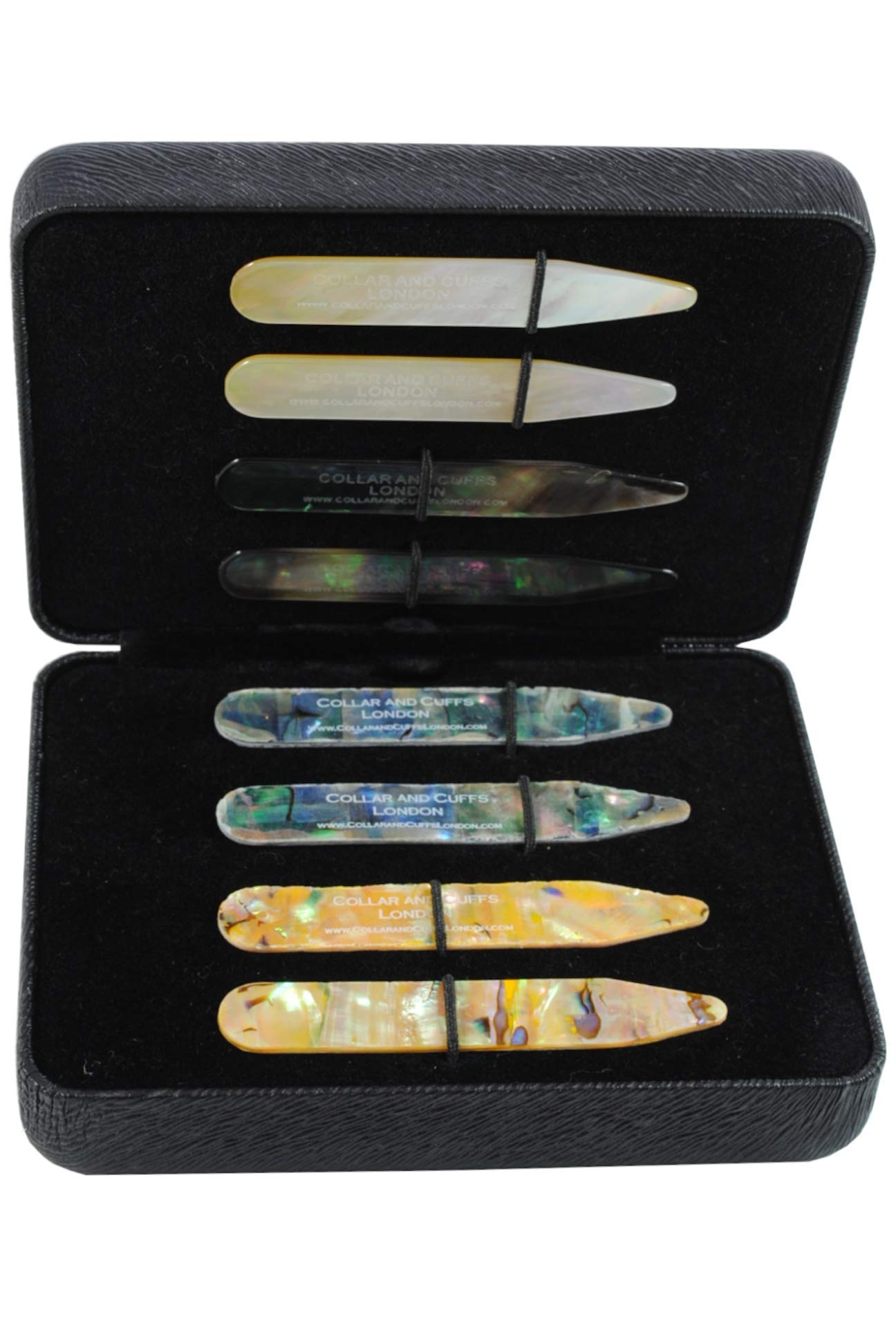COLLAR AND CUFFS LONDON - 8 Shirt Collar Stiffeners - 4 MOTHER OF PEARL DESIGNS - 2.35" - Green Brown Gold and Black Colours - With Presentation Gift Box - 4 pairs