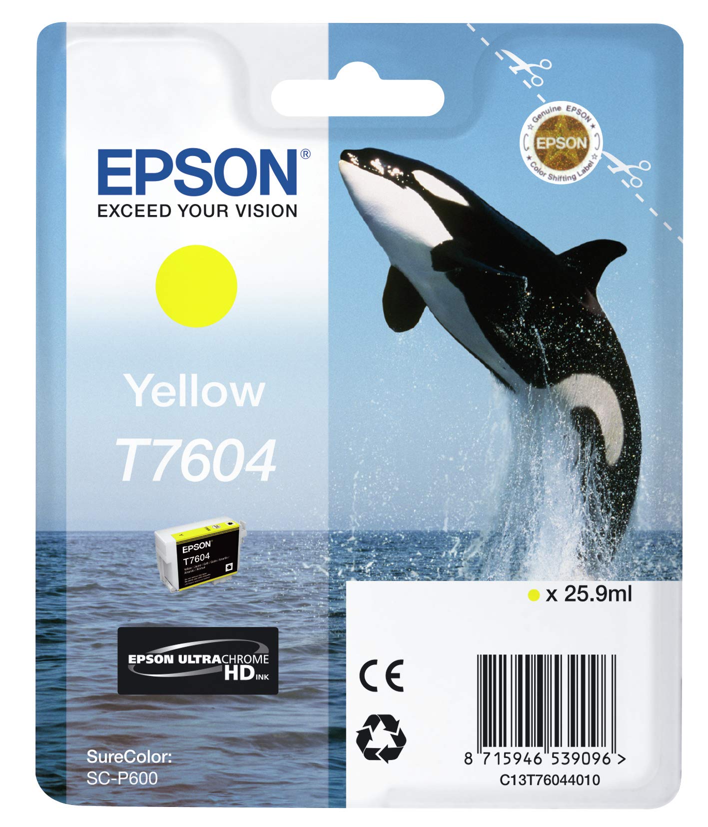 Epson Killer Whale T7604 Ink Cartridge, Yellow, Genuine