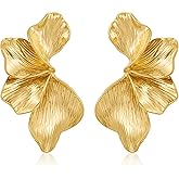 FAUTHENTICUTE Chunky Gold Statement Earrings For Women Gold Plated Sectored Flower Leaf Shell Angel Wing Earrings Large Stud 