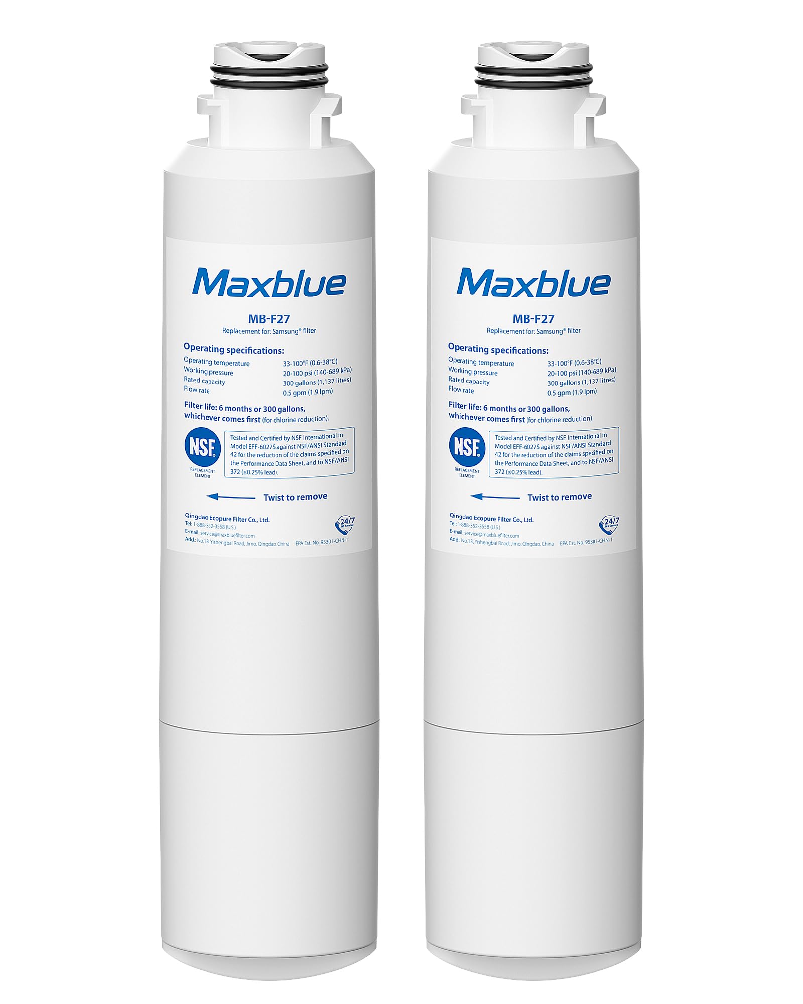 2X Maxblue DA29-00020B Fridge Water Filter, Compatible with Samsung® DA29-00020B, HAF-CIN EXP, DA29-00020A, DA29-00019A, DA97-08006, DA97-08043ABC, Kenmore 46-9101, AP5271937, REFSVC, HDX-FMS-2
