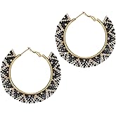 Winssigma Boho Beaded Hoop Earrings, Handmade Colorful Beads Hoop Earrings for Women Big Circle Bead Huggie Earrings