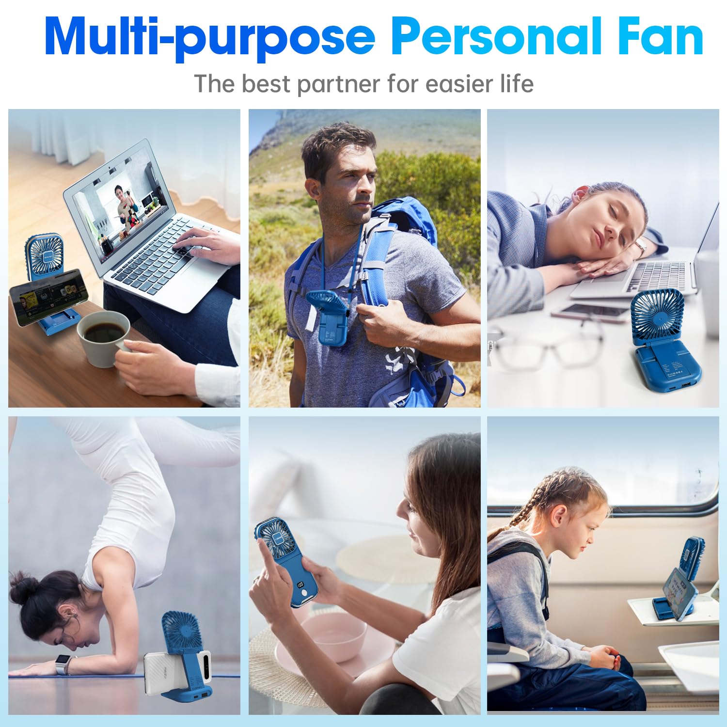 USB Rechargeable Upgraded 5-in-1 Portable Handheld Fan, Necklace Fan, Mini Desk Fan, Foldable Phone Stand, 4 Speeds Airflow, Quiet Personal Fans with LED Digital Screen (Blue)