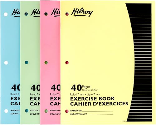 Hilroy Stitched Exercise Book, 3-Hole Punched, 4-Pack, 40 Pages/20 Sheets, Assorted Colour Covers (12102)