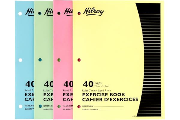Hilroy Stitched Exercise Book, 3-Hole Punched, 4-Pack, 40 Pages/20 Sheets, Assorted Colour Covers (12102)