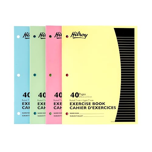 Hilroy Stitched Exercise Book, 3-Hole Punched, 4-Pack, 40 Pages/20 Sheets, Assorted Colour Covers (12102)