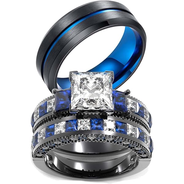 His & Hers Couple Rings Set – Black Titanium Steel Men's Band & Princess Cut CZ Women's Ring