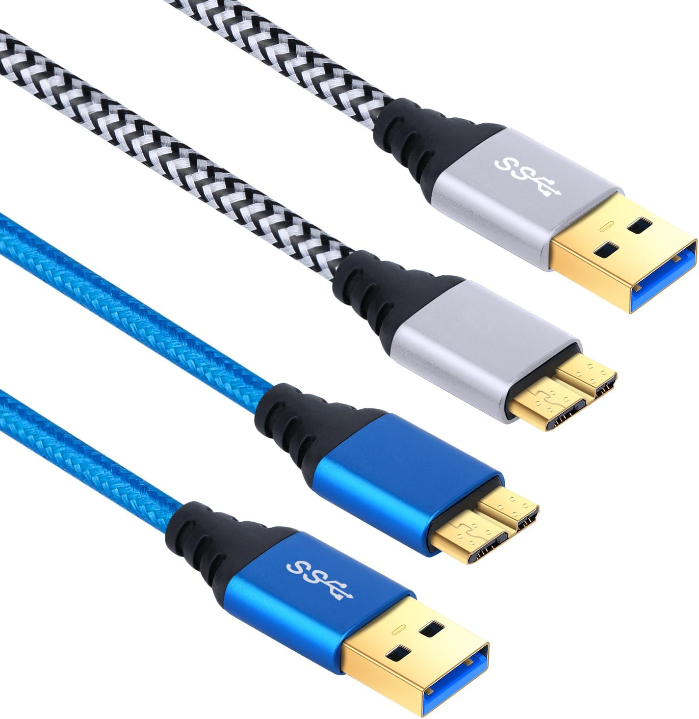 Hard Drive USB 3.0 Cable, Besgoods 2-Pack 6ft USB 3.0 A to Micro B Cable Nylon Braided USB 3.0 Data Charger Cord Compatible with Samsung Galaxy S5, Note 3, Note Pro 12.2, Hard Drive - Blue White