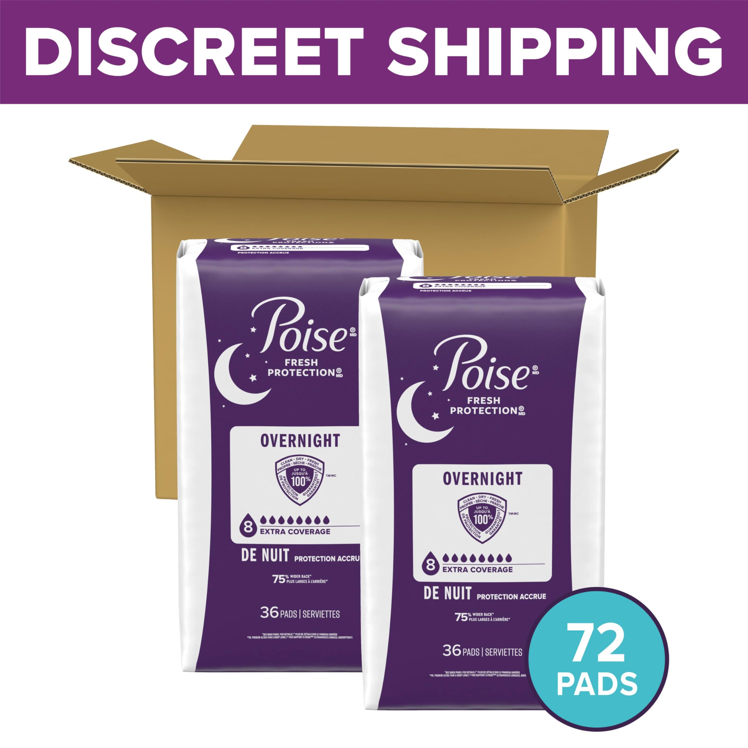 Poise Overnight Incontinence & Postpartum Pads for Bladder Leaks, 8 Drop Extra Coverage, 72 Count (2 Packs of 36), Packaging May Vary