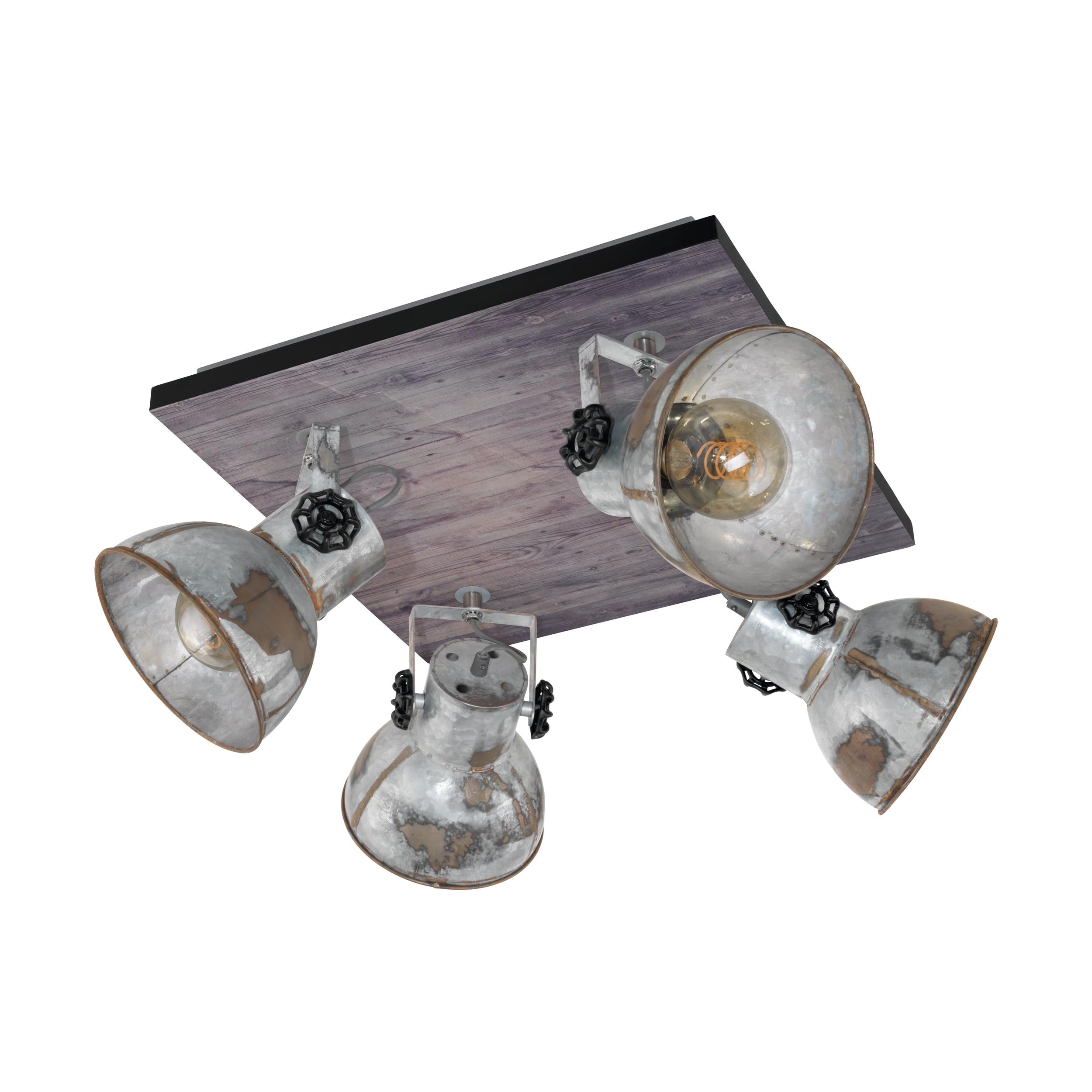 Eglo Ceiling Lamp Barnstaple, 4 Bulbs Vintage Ceiling Spotlight in Industrial Design, Retro Wall Light Made of Steel in Zinc Used-Look, Wood, Colour: Brown-Patina, Black, Socket: E27