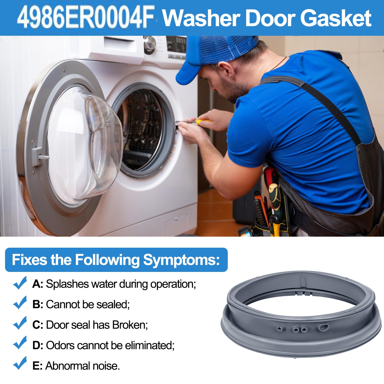 Upgraded 4986ER0004F Washer Door Gasket Boot Seal Compatible with LG Front Load Washer Door Seal, Length: 17.2 inch, Kenmore Door Boot Seal Parts WM2250CW, WM2101HW, WM2050CW, WM2301HR Door Seal
