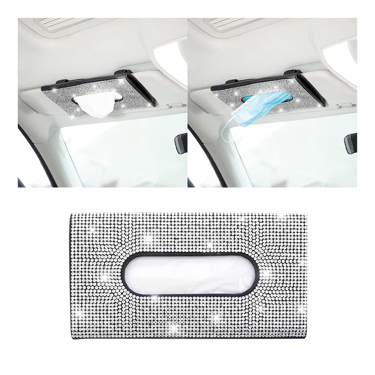 Photo 1 of BLAU GRUN Bling Car Sun Visor Tissue Box Holder, Rhinestone PU Leather Crystal Sparkling Napkin Holder, Backseat Paper Towel Cover Case Car Accessories for Women (White)