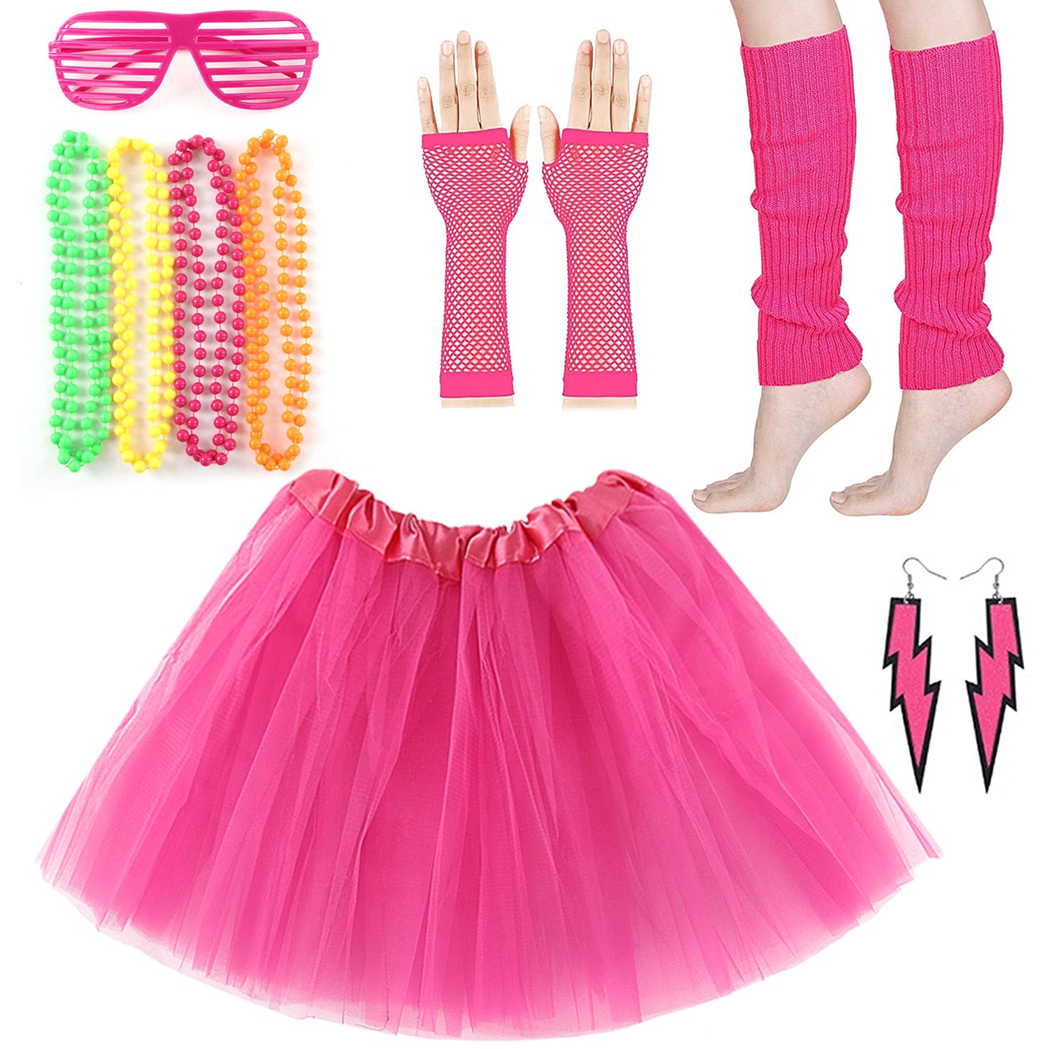 M MUNCASO 90s 80s Fancy Dress Costume, 12PCS 1980s Fancy Party Costume Set Adult Tutu Skirt with Leg Warmers Fishnet Gloves Neon Necklaces Bead Lighting Earrings Sunglasses for 80s Retro Party