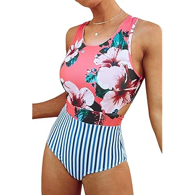 Buy Almaree Women Floral Striped High Neck Zip Tie Back One Piece Swimsuits Swimwear Online In Turkey B0hwntk5