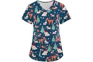 OIOLOYJM Scrubs for Women Set Animal Print Tops for Women V Neck Cartoon Pattern Short Sleeve Nursing Tops with Pockets