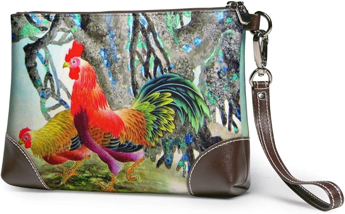 Village Chicken Rooster Printed Clutch Purse Detachable Leather