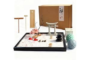 AOVOA Japanese Zen Garden Kit for Desk with 3 Sand Spheres, Zen Decor with Wooden Tray and Natural Rake Torii Gate Ornament for Home & Office, Desktop Sandbox for Relaxation and Meditation