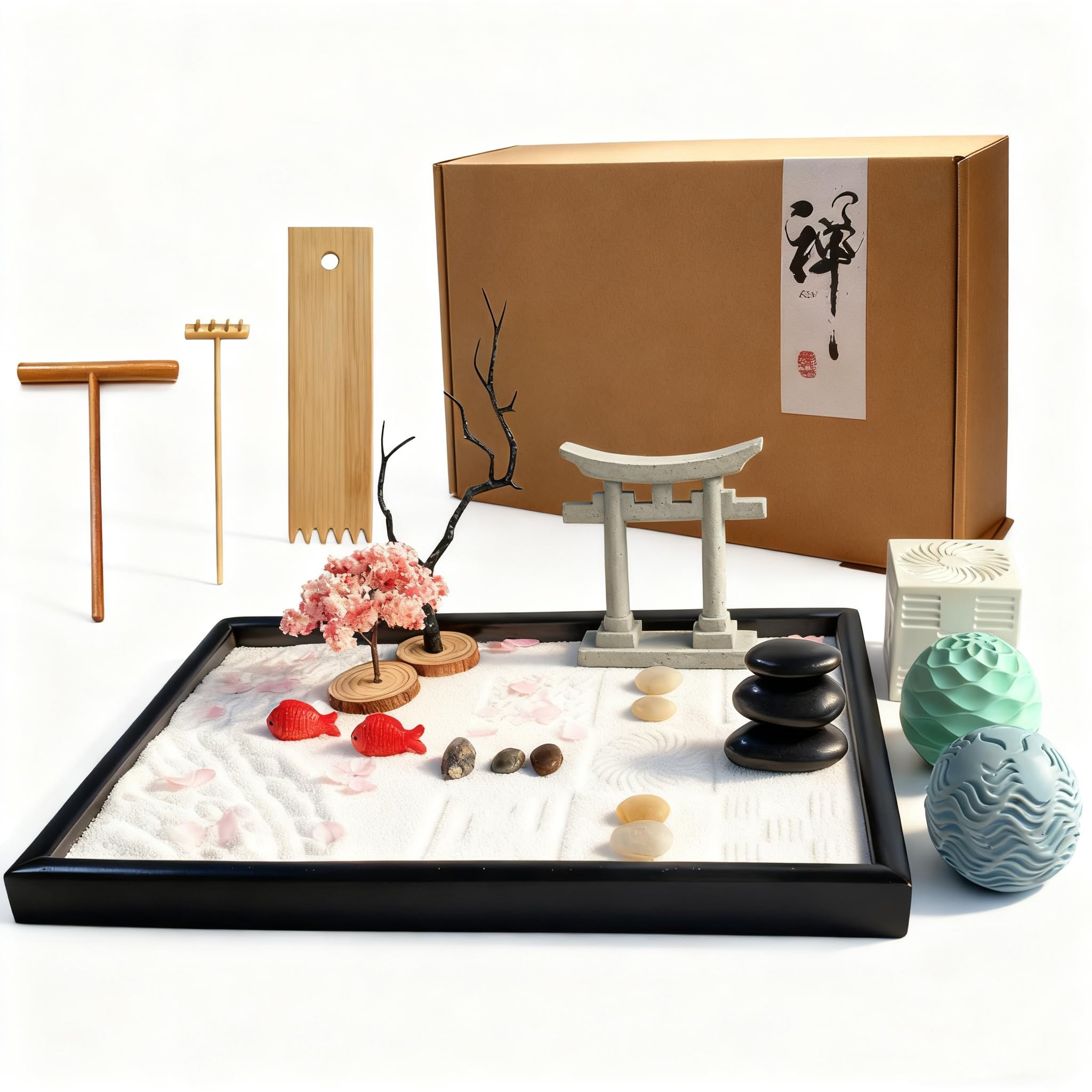 AOVOA Japanese Zen Garden Kit for Desk with 3 Sand Spheres, Zen Decor with Wooden Tray and Natural Rake Torii Gate Ornament for Home & Office, Desktop Sandbox for Relaxation and Meditation