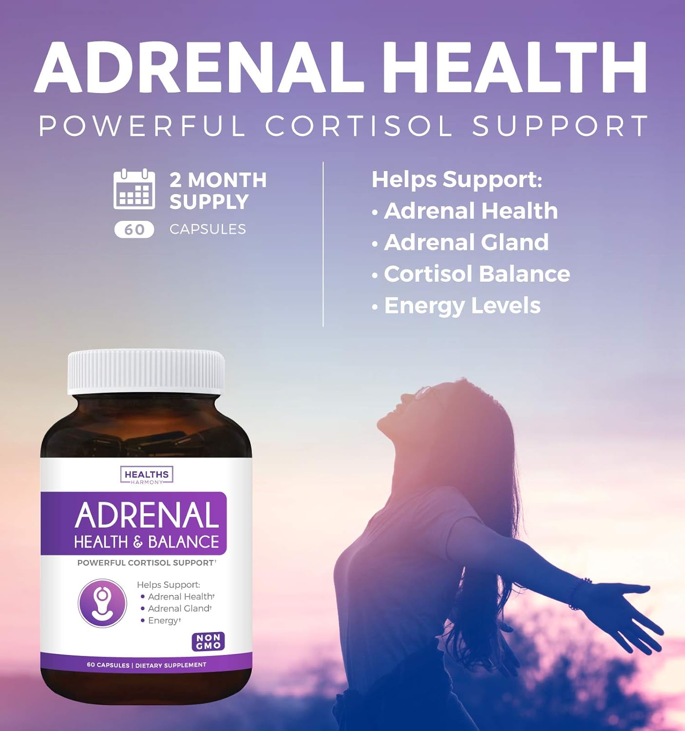 Adrenal Support & Cortisol Manager (Non-GMO) Powerful Adrenal Health with L-Tyrosine & Ashwagandha - Maintain Balanced Cortisol Levels & Stress Relief - Fatigue Supplement - 60 Capsules: Health & Personal Care