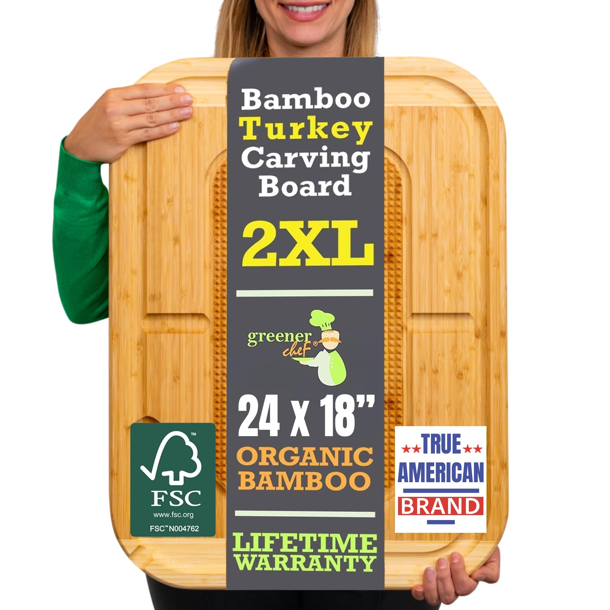 Photo 1 of 24 Inch Organic Bamboo Extra Large Carving Board with Lifetime Replacements - 2XL Meat Cutting Board and Wooden Butcher Block with Pour Spout, Turkey Platter for Christmas Holiday Essentials
