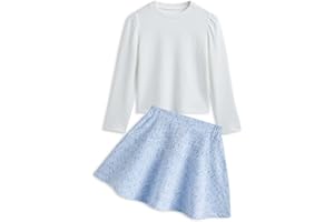 Handfrog Girl's Skirt Sets 2 Piece Fall Outfits Crew Neck Jacquard Puff Sleeve Tops Tweed Mini Skirt Cute Kids Clothing Set