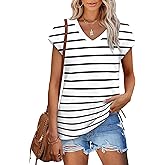 Black and White Striped Shirt Women Cap Sleeve Summer Tops Trendy V Neck Loose Shirts XL